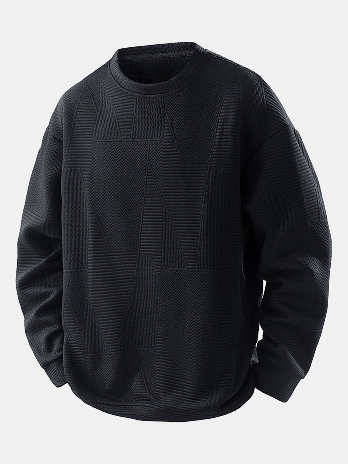Men's Geometric Jacquard Crew Neck Sweatshirt – Relaxed Fit Textured Pullover for Autumn and Winter