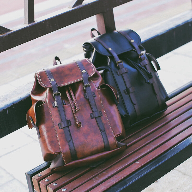Sac à dos unisexe vintage en similicuir – Sac de voyage à cordon avec sangles à rabat et poches latérales