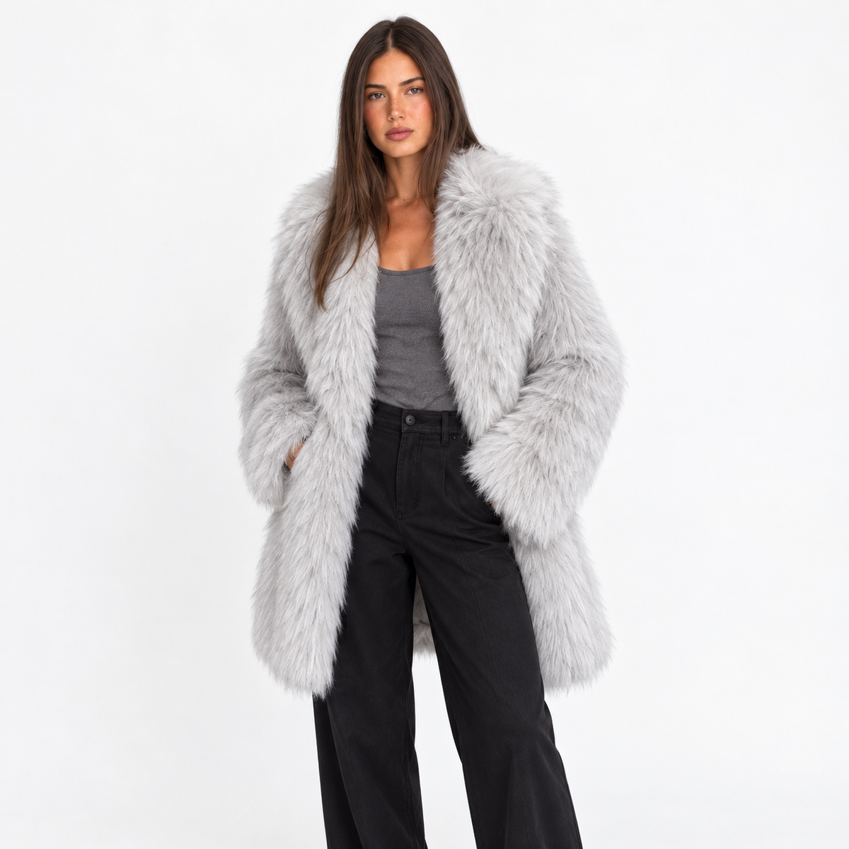 Casaco feminino de comprimento médio em pelo sintético - camada de inverno macia com lapelas largas para ocasiões smart casual e à noite