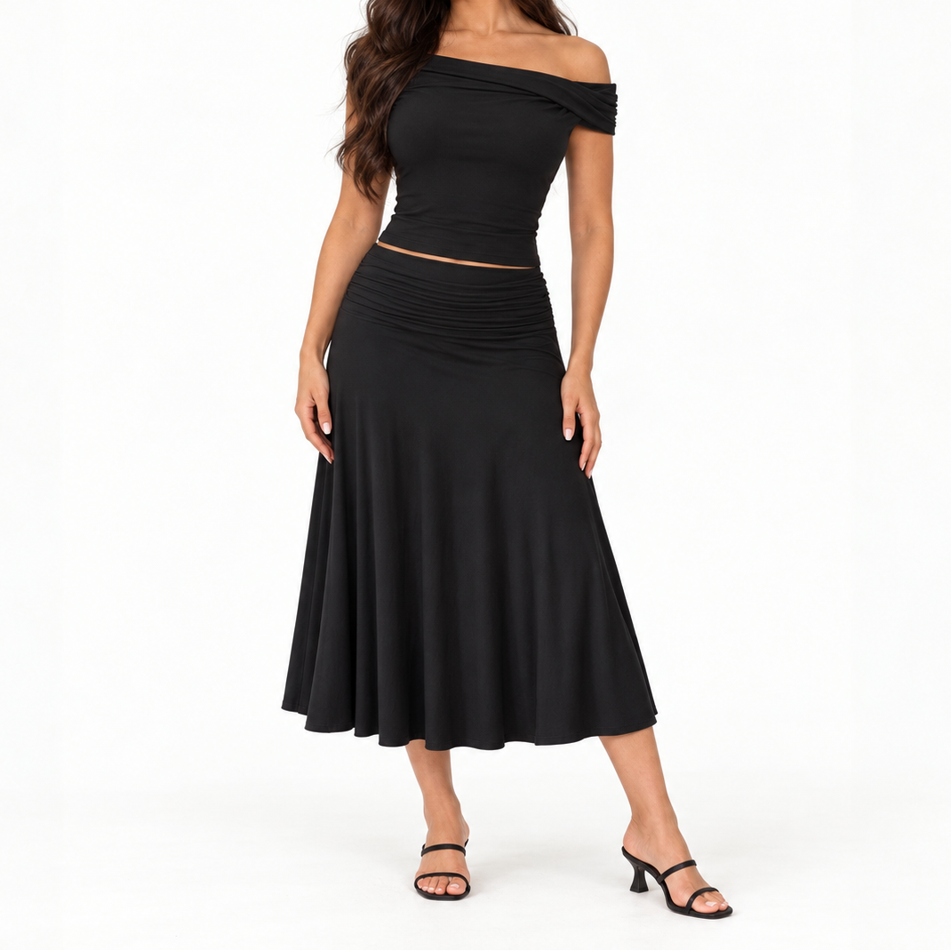 Conjunto de falda midi de dos piezas para mujer con hombros descubiertos - estilo drapeado entallado para tardes elegantes y ocasiones sociales distinguidas