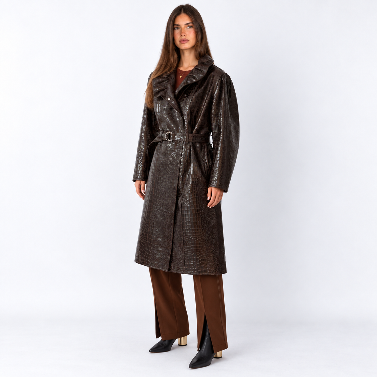 Women’s Genuine Leather Trench Coat with Wide Buckled Belt – Long Relaxed Silhouette and Statement Collar for Autumn City Dressing