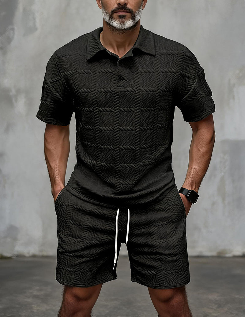 Men’s Textured Polo Shirt and Shorts Outfit Set