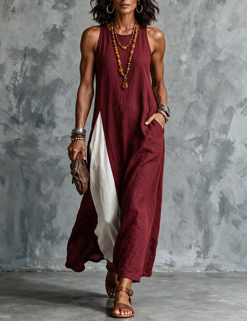 Vestido Maxi de Linho e Algodão para Mulher com Blocos de Cor
