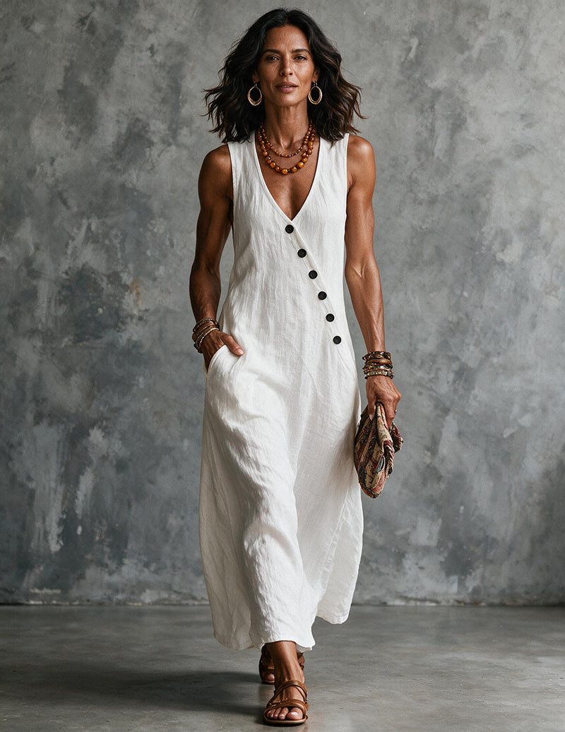 Vestito midi da donna in lino senza maniche con scollo a V