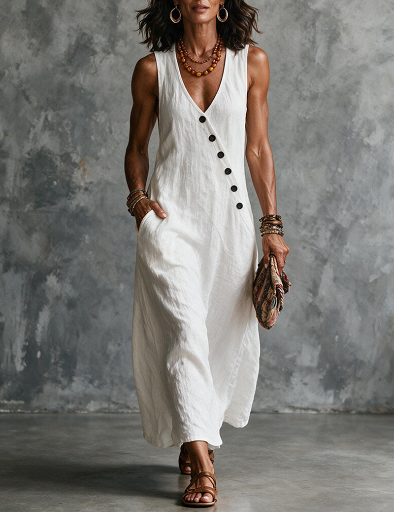 Vestito midi da donna in lino senza maniche con scollo a V