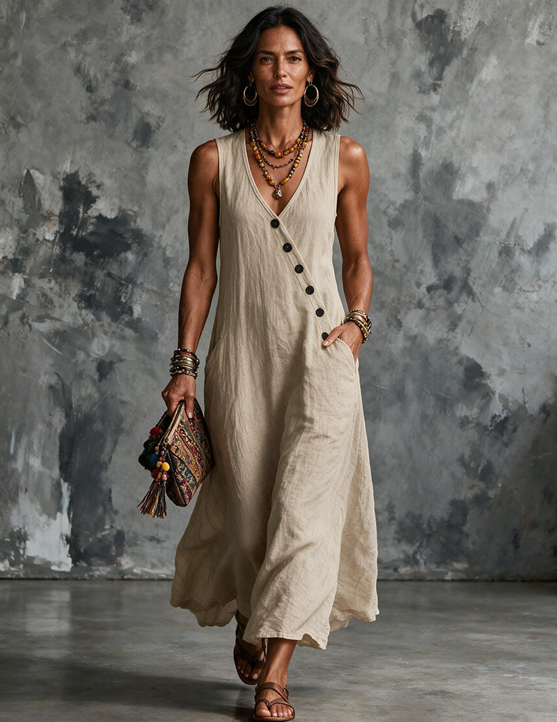 Vestito midi da donna in lino senza maniche con scollo a V