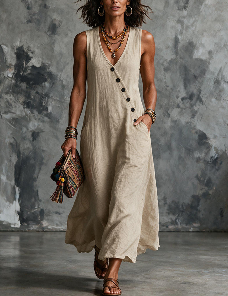 Vestito midi da donna in lino senza maniche con scollo a V