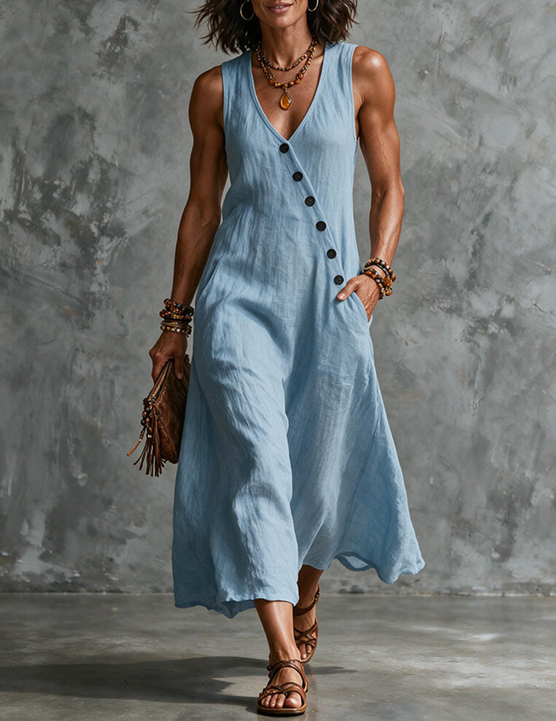 Vestito midi da donna in lino senza maniche con scollo a V