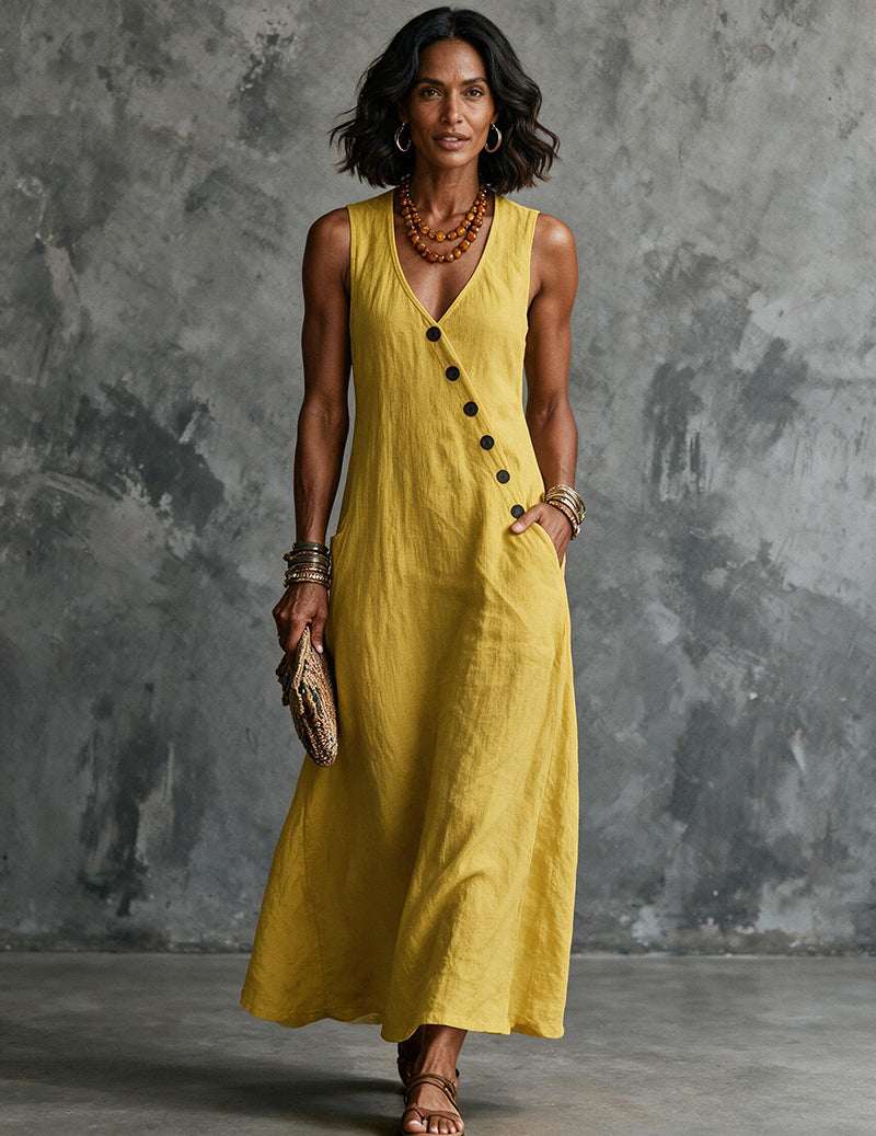 Vestito midi da donna in lino senza maniche con scollo a V