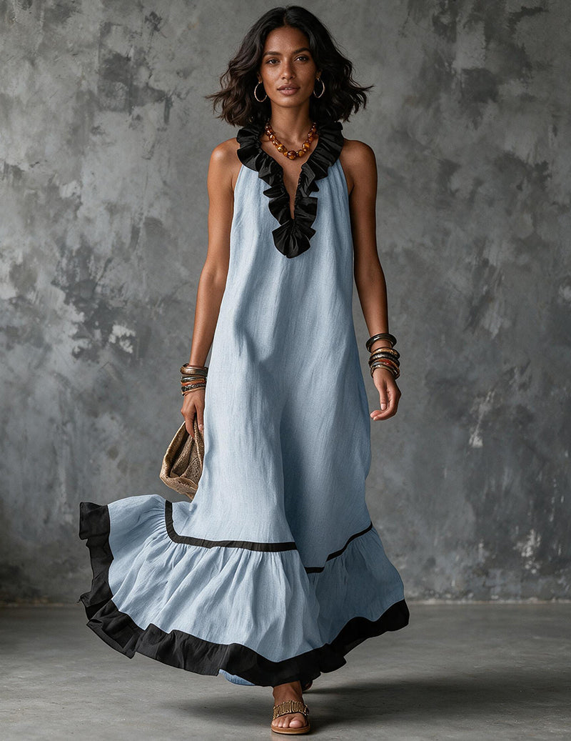 Robe maxi sans manches pour femmes avec col à volants
