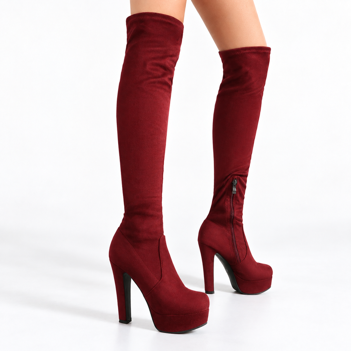 Botas altas de plataforma para mujer por encima de la rodilla - Estilo elástico con cremallera lateral y tacón ancho para las tardes de otoño e invierno y los conjuntos llamativos