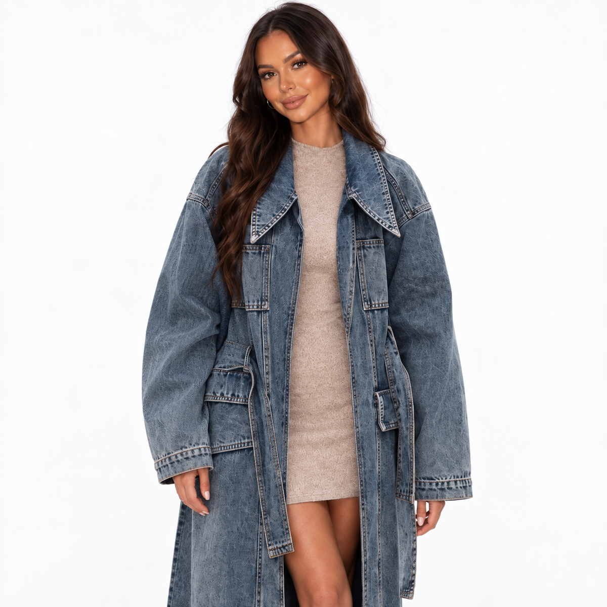 Γυναικεία μακριά καμπαρντίνα από τζιν με oversized γιακά και ζώνη που δένει - άνετο ξεβαμμένο στιλ για ανοιξιάτικες και φθινοπωρινές εμφανίσεις στην πόλη