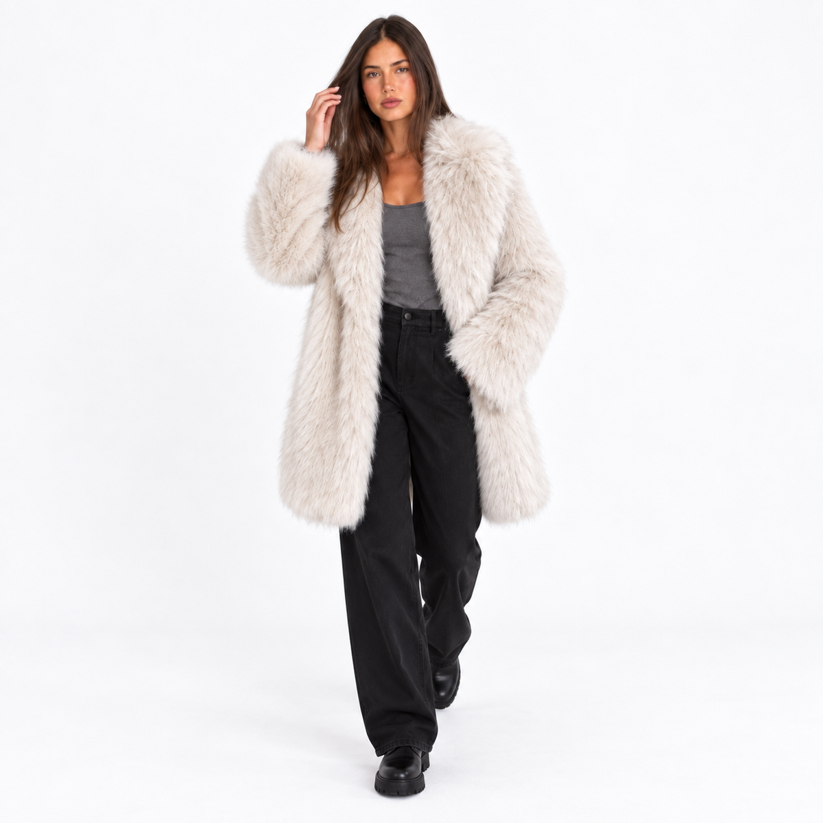 Casaco feminino de comprimento médio em pelo sintético - camada de inverno macia com lapelas largas para ocasiões smart casual e à noite
