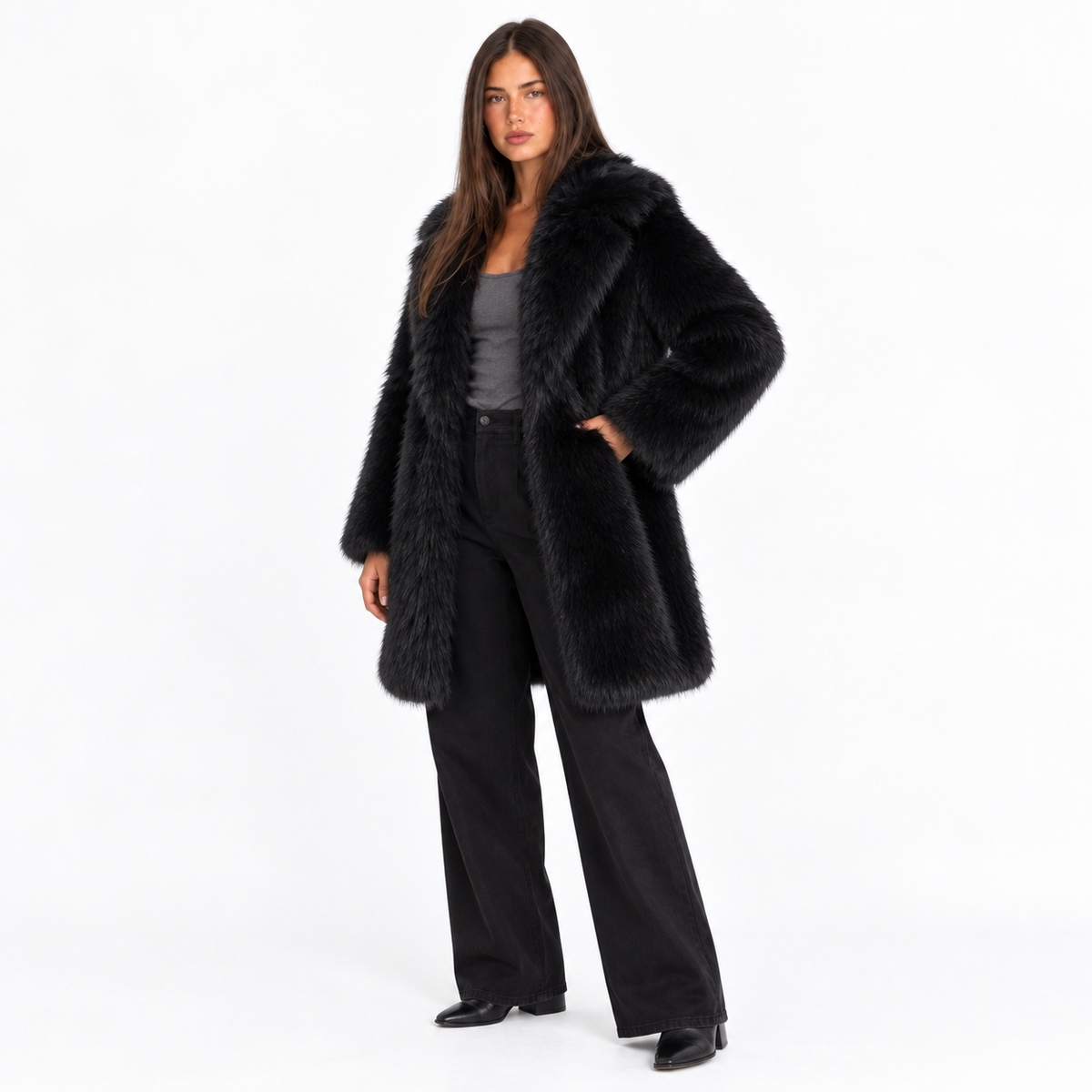 Casaco feminino de comprimento médio em pelo sintético - camada de inverno macia com lapelas largas para ocasiões smart casual e à noite