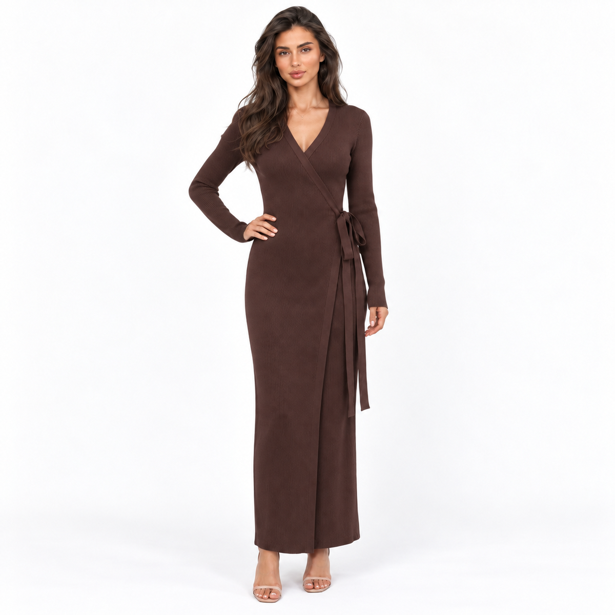 Vestido maxi de malha de manga comprida para senhora – Estilo justo, com decote em V e frente transpassada, para um visual casual elegante e noites