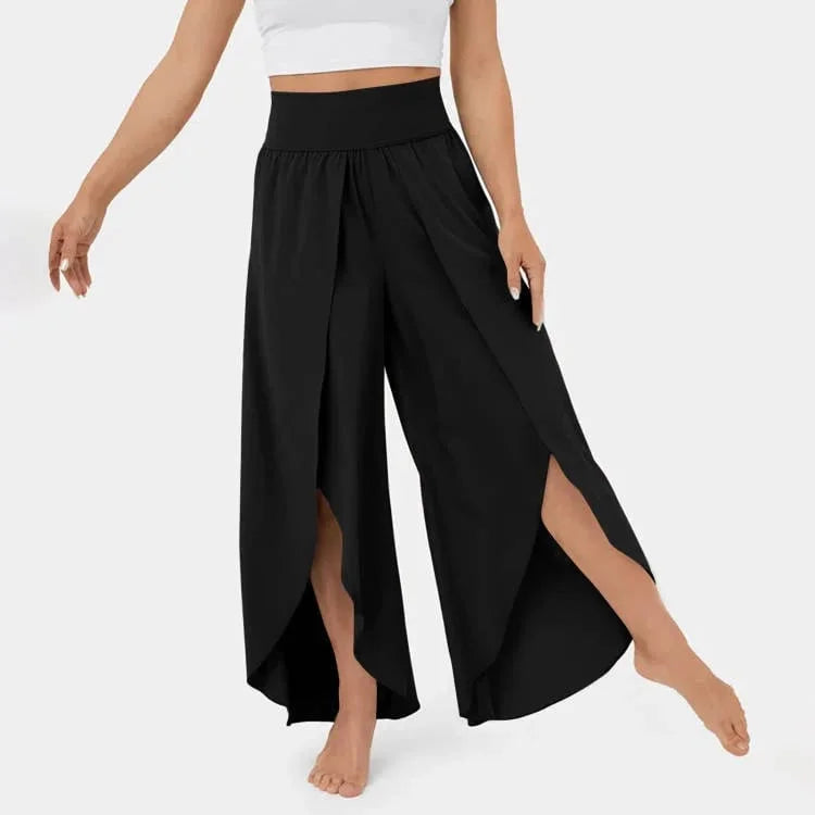 Yoga-broek voor dames met hoge taille en splitpijpen – soepelvallende activewear met wijde pijpen