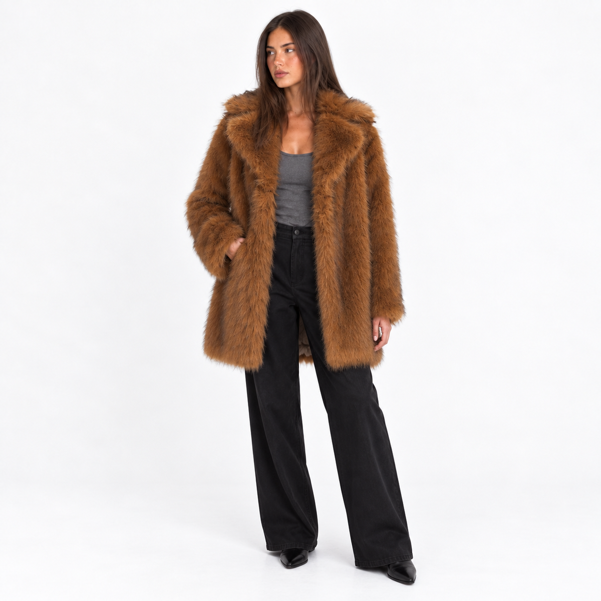 Casaco feminino de comprimento médio em pelo sintético - camada de inverno macia com lapelas largas para ocasiões smart casual e à noite