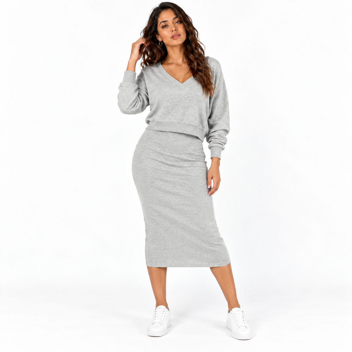 Women’s Knitted Two-Piece Dress Set – V-Neck Long-Sleeve Sweater and Fitted Midi Dress for Smart Casual Wear