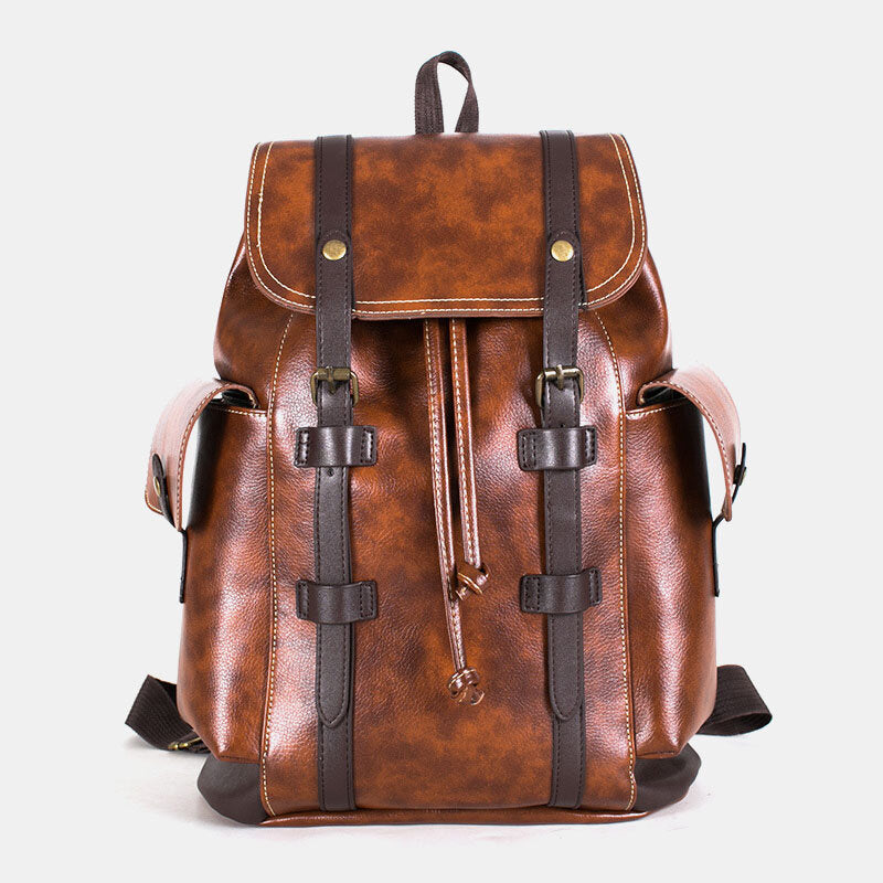 Sac à dos unisexe vintage en similicuir – Sac de voyage à cordon avec sangles à rabat et poches latérales