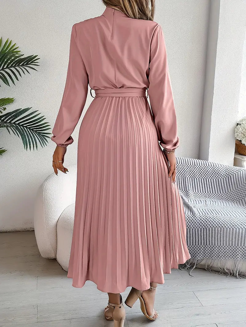 Women’s Pleated Midi Dress with High Neck Tie Waist