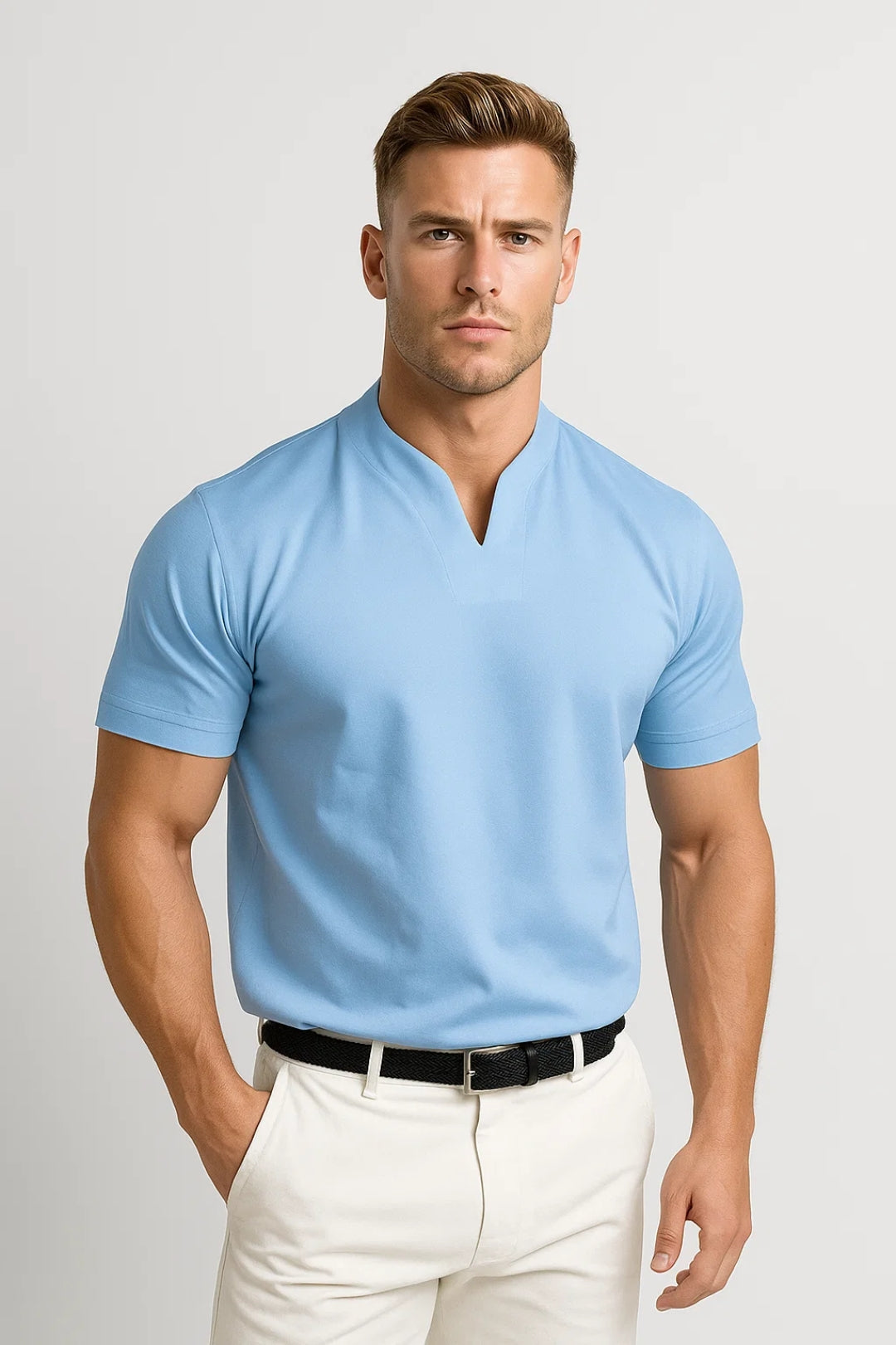 Camicia casual da uomo con collo diviso, maniche corte e taglio sartoriale