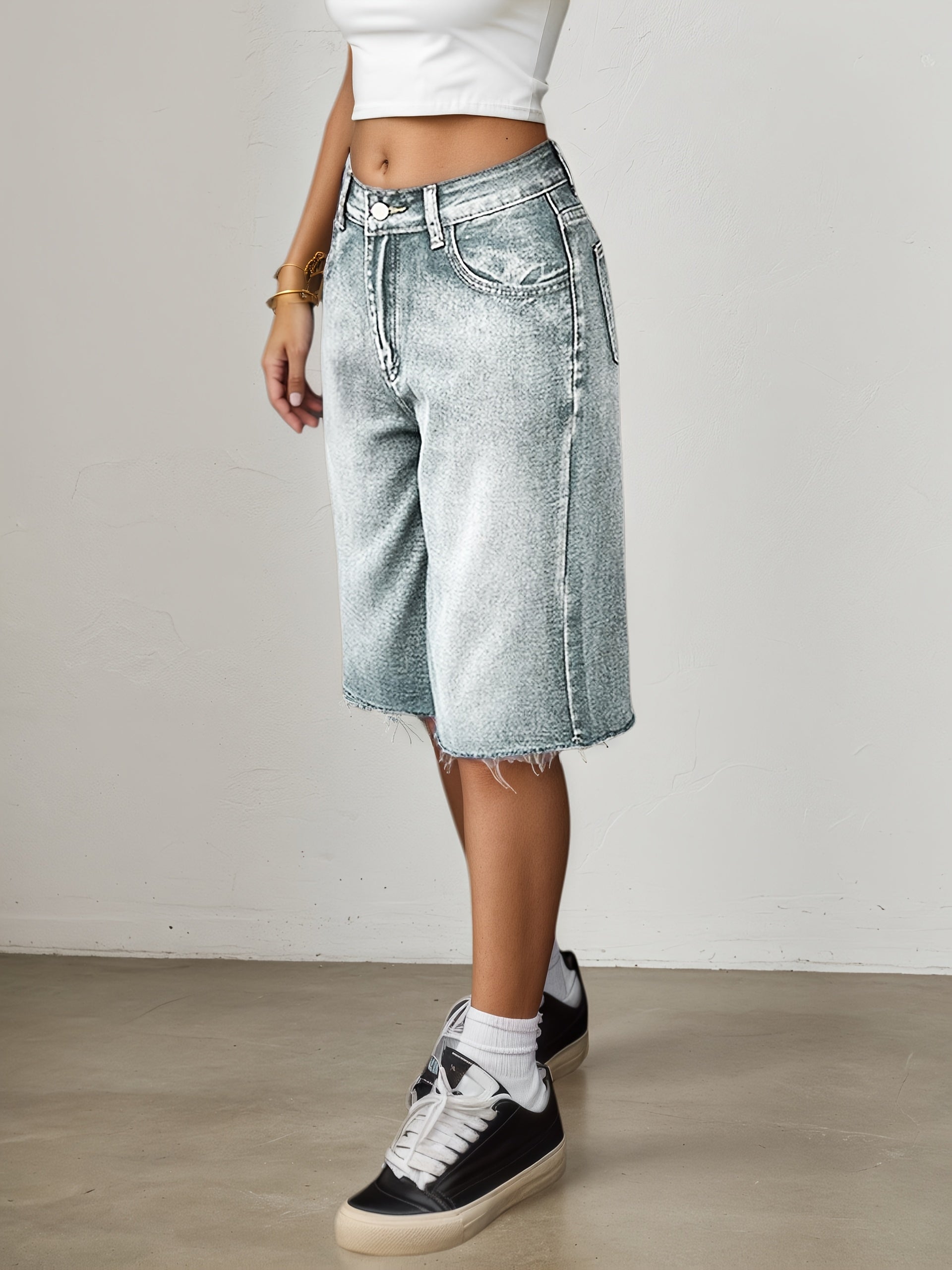 Dame Denim Jorts Løs Pasform Høj Talje Vide Ben Knælange Casual Shorts