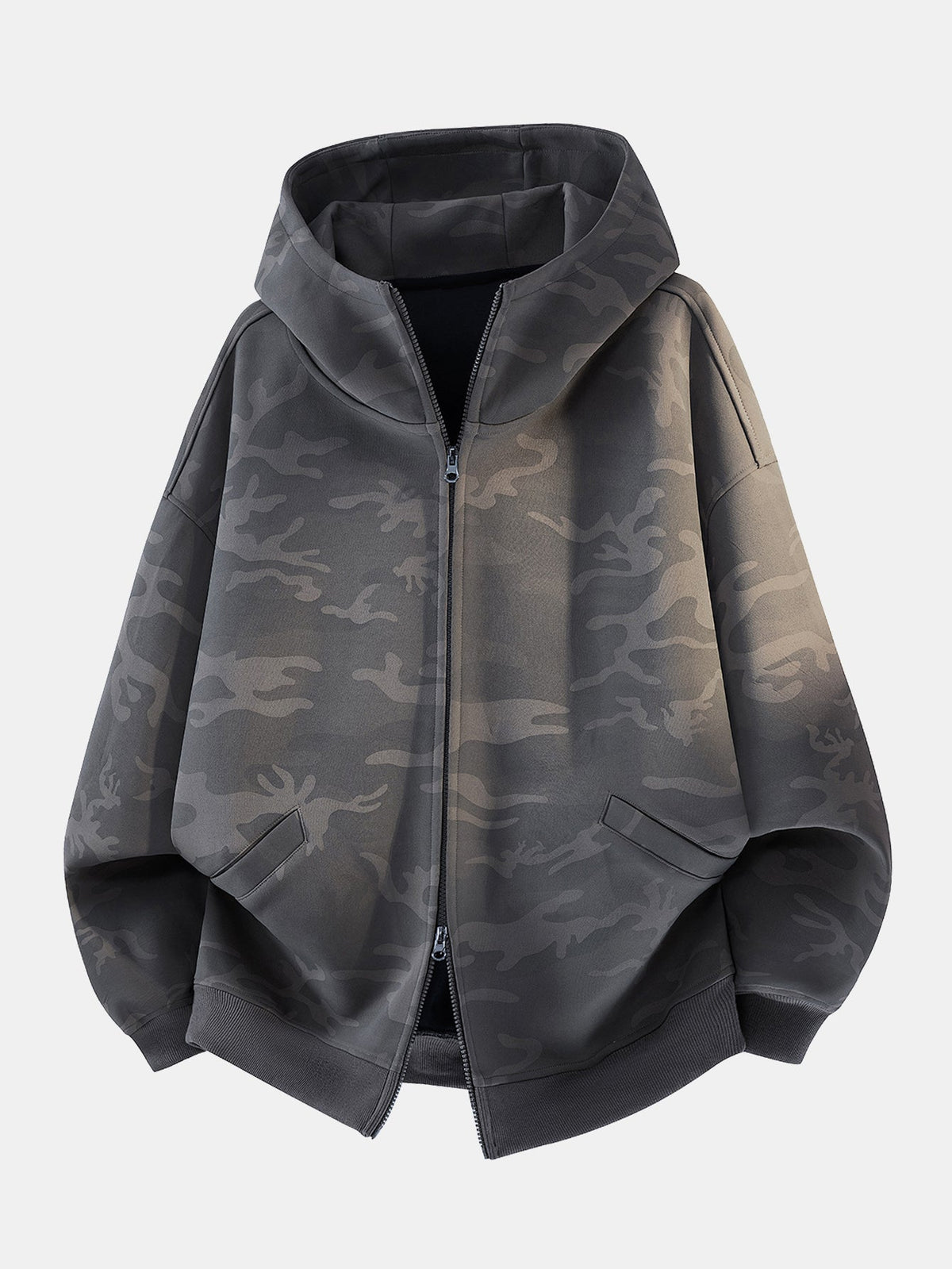 Pánská oversized mikina s kapucí a maskáčovým vzorem na zip - volná mikina s kapucí a spadlými rameny pro ležérní streetwear