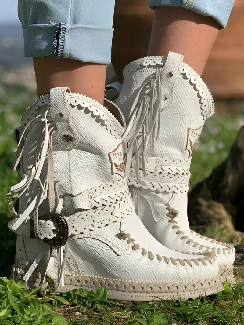 Stivaletti boho da donna alla caviglia – stile western con frange per un look casual