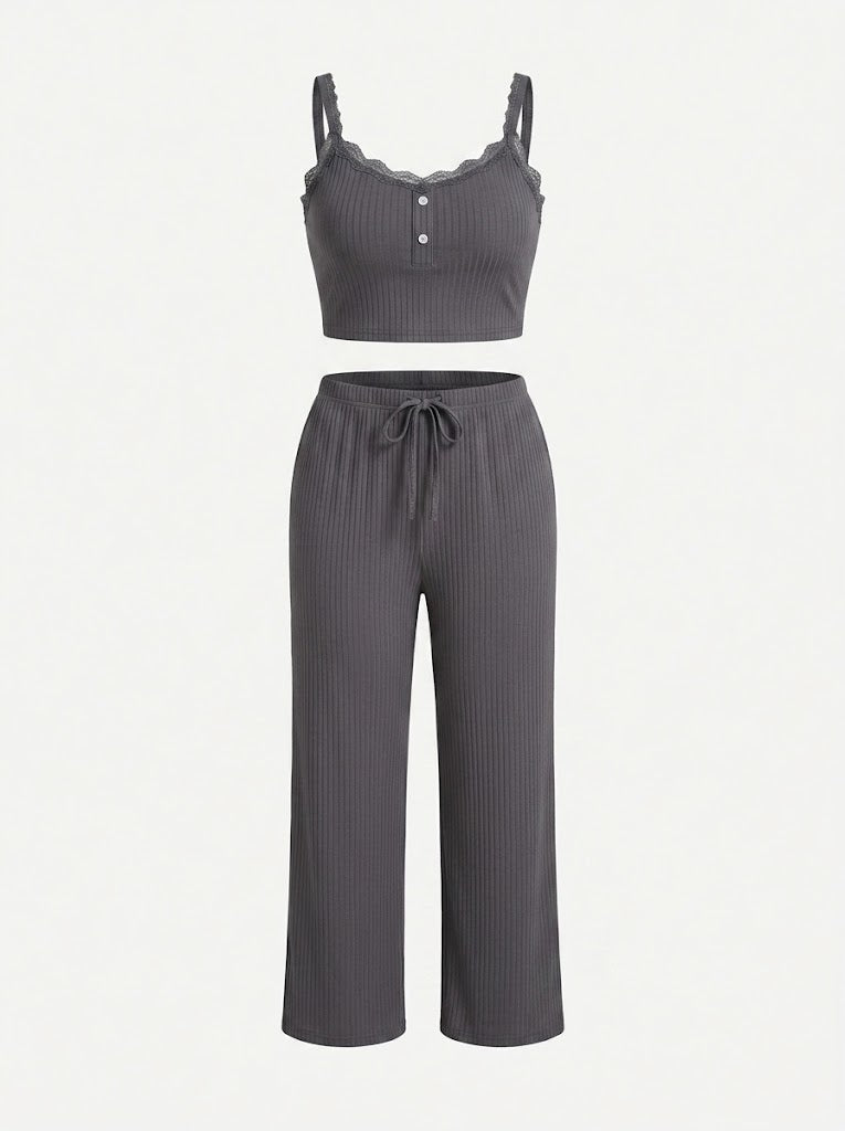 Dameset met geribde camisole en loungebroek – Relaxte tweedelige homewear