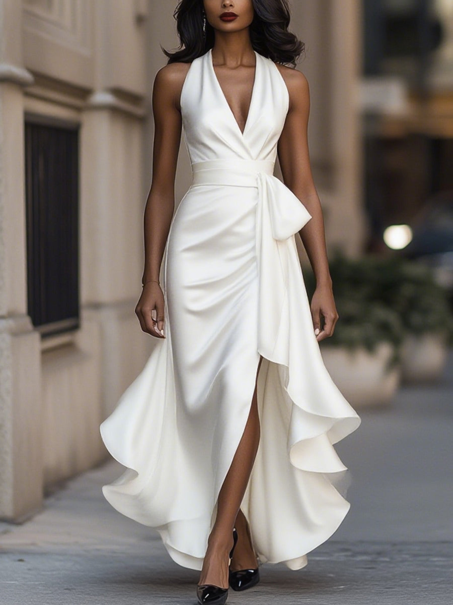 Women’s Satin Halter Evening Dress – Ruched High-Low Maxi Gown with Draped Waist for Weddings Galas and Formal Events