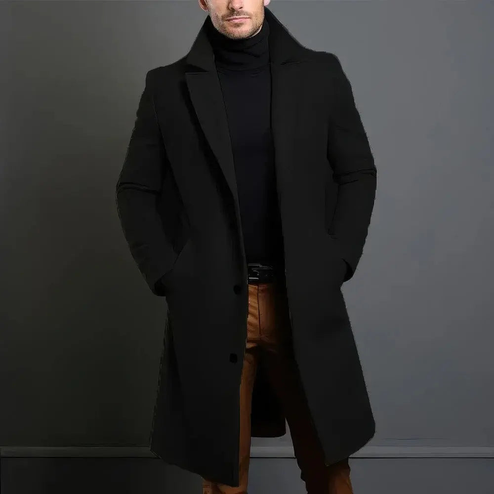 Men’s Longline Tailored Overcoat – Refined Single-Breasted Layer with Notched Lapels