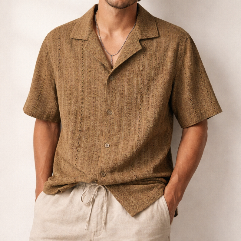 Overhemd voor heren met korte mouwen, textuur en open kraag, zomers shirt met knopen