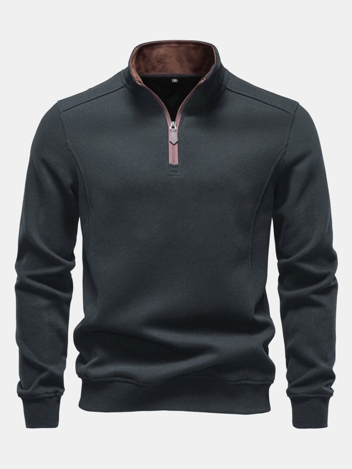 Męska bawełniana bluza ze stójką w kontrastowym kolorze i krótkim zamkiem – elegancka casualowa bluza wkładana przez głowę, o regularnym kroju, na jesień i zimę