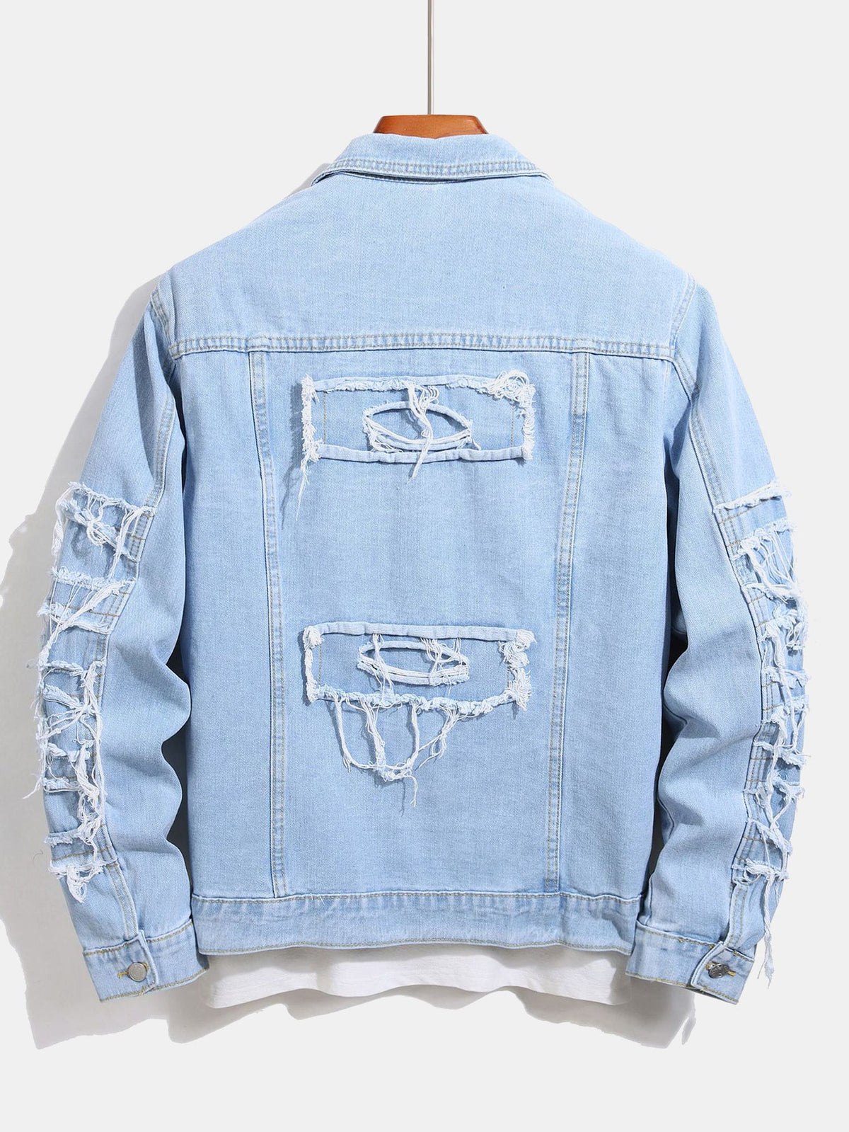Men’s Distressed Denim Trucker Jacket with Frayed Detailing – Relaxed Fit Casual Streetwear Outerwear for Spring and Autumn