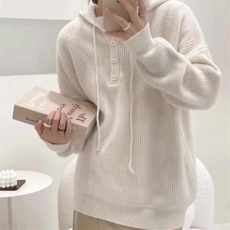 Jersey de punto acanalado con capucha para mujer – Jersey holgado con cuello de botones para llevar a capas cómodamente a diario