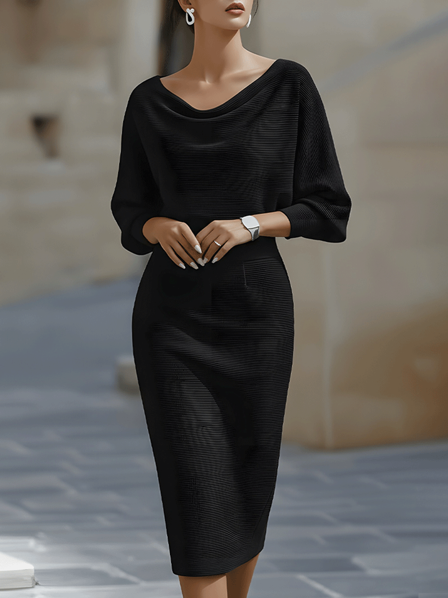 Women’s Draped Neck Midi Bodycon Dress – Batwing Sleeve Wedding Guest Style
