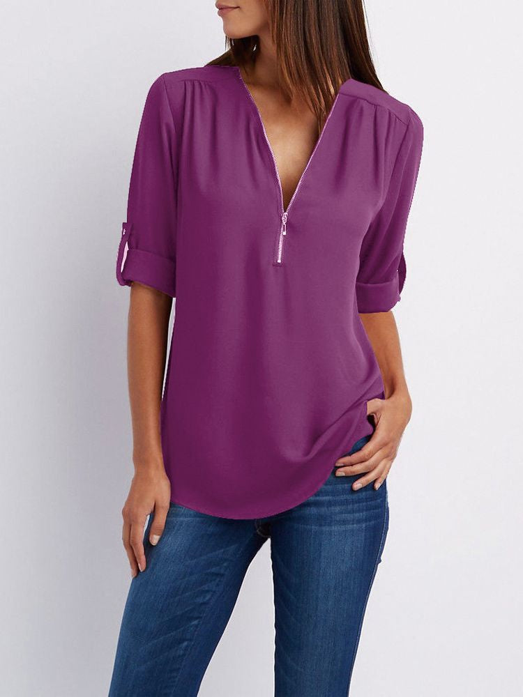 Women’s Zip-Neck Relaxed Blouse – Roll-Tab Sleeve Style for Everyday Wear