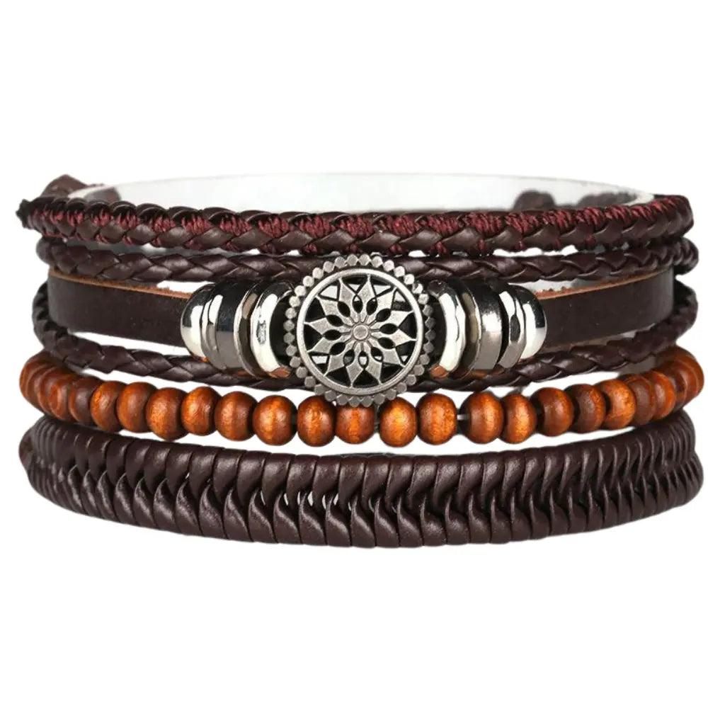 Men’s Braided Leather Wrap Bracelet Set – Layered Beaded Wristwear for Everyday Styling