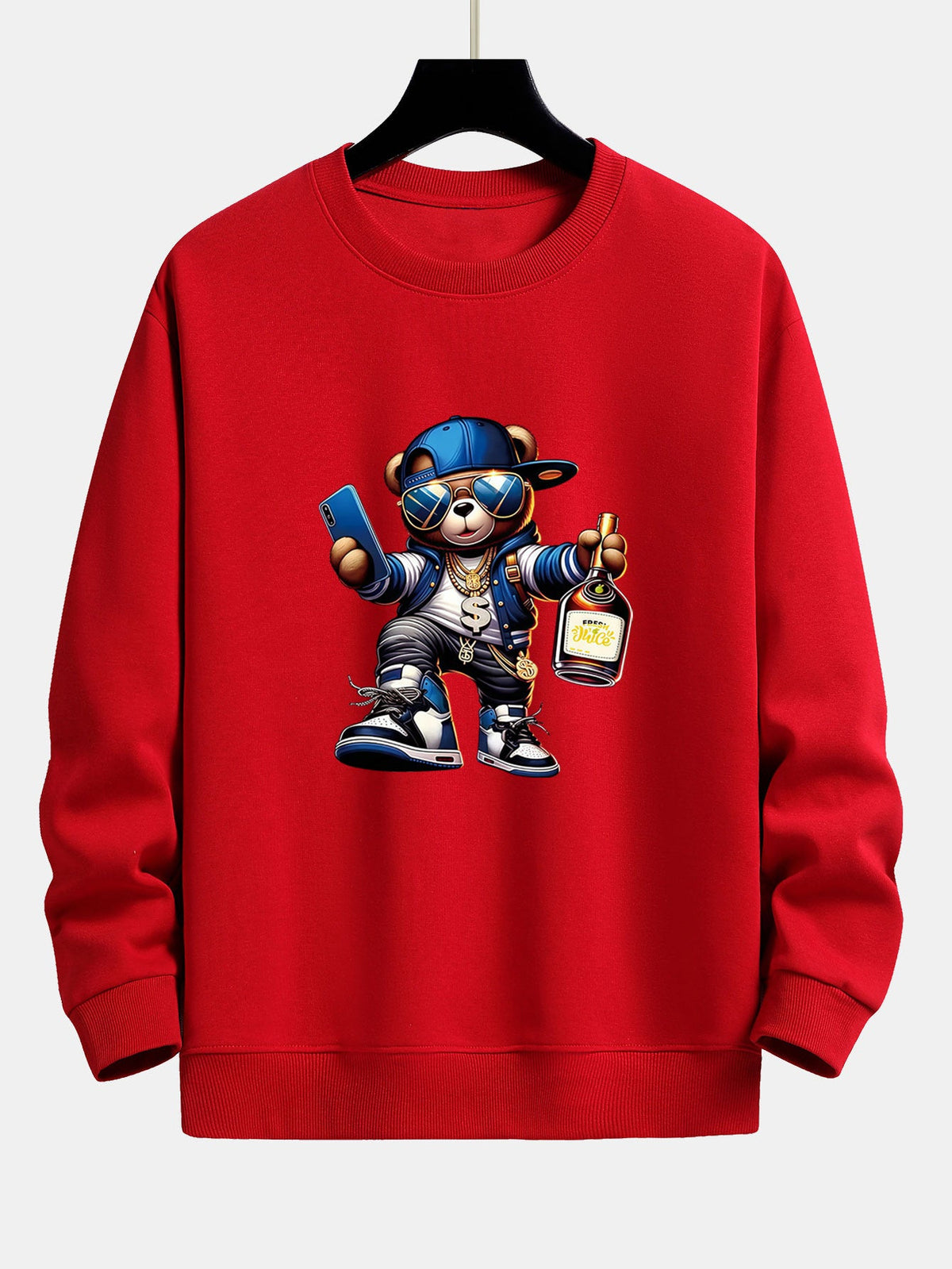 Bluză bărbătească hip-hop cu grafică de ursuleț - croială lejeră, bluză streetwear din amestec de bumbac, cu guler rotund, pentru ținutele de zi cu zi