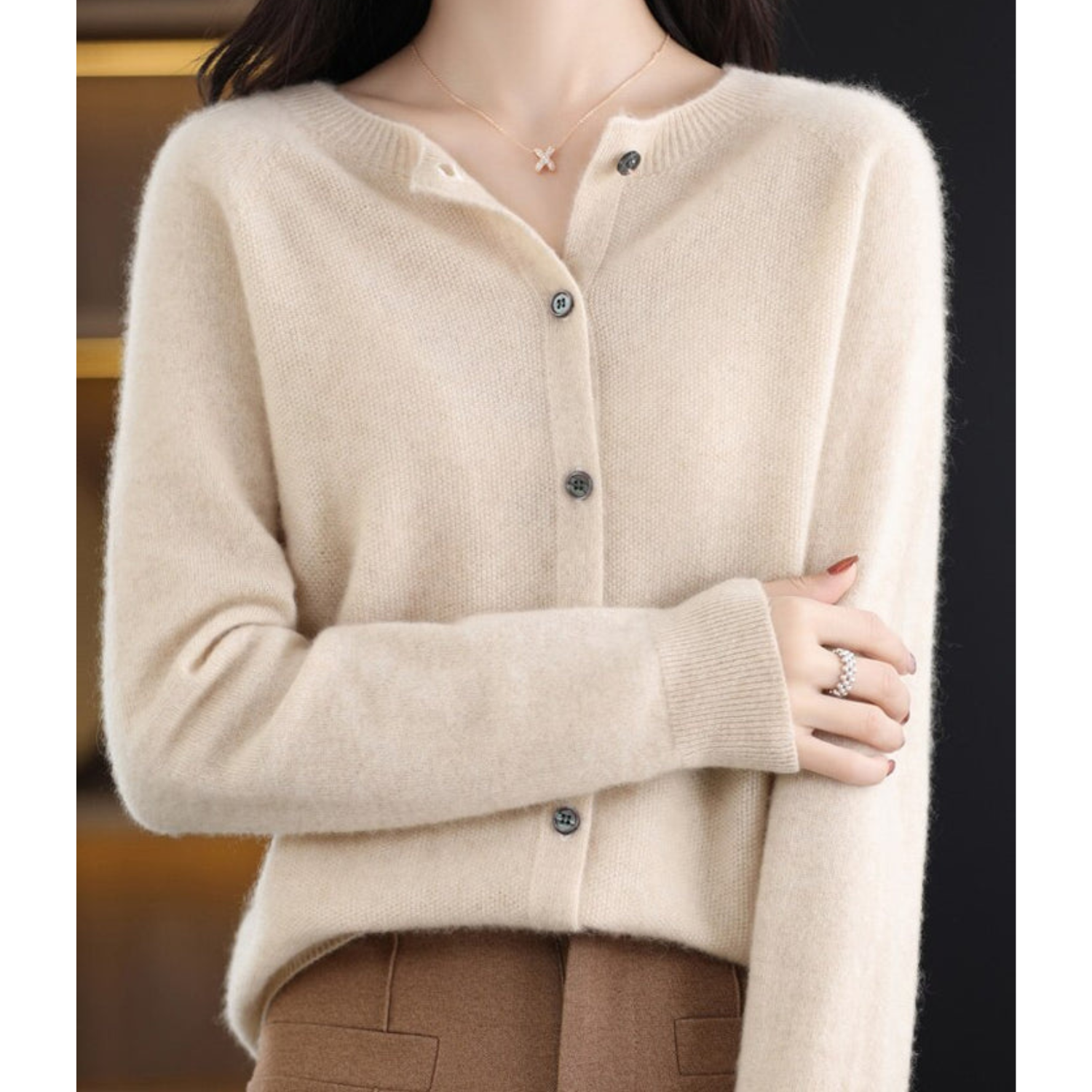 Luxury Merino Wool & Cashmere Cardigan for Women – Elegant O-Neck Winter Knit