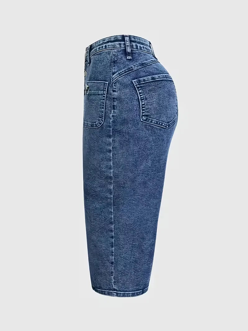 Fustă midi din denim pentru femei, cu nasturi în față și talie înaltă