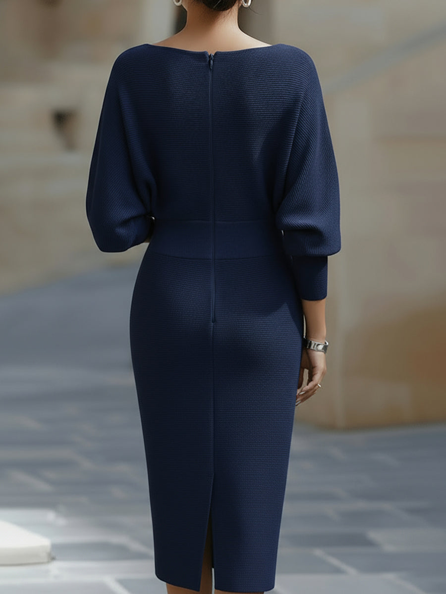 Women’s Draped Neck Midi Bodycon Dress – Batwing Sleeve Wedding Guest Style