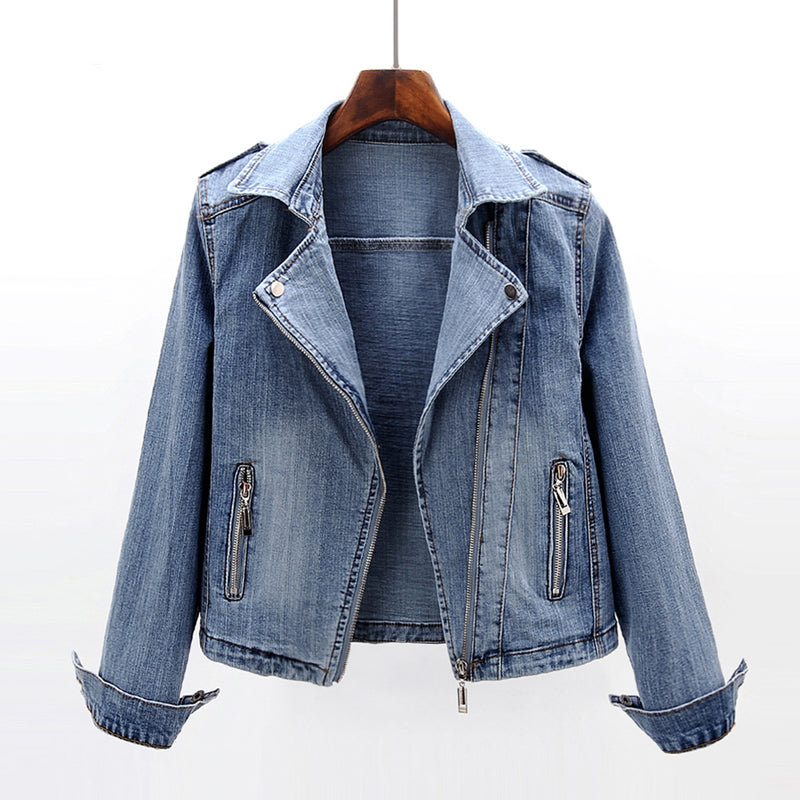 Dames getailleerd spijker-bikerjack met asymmetrische rits en reverskraag - kort stretchjack voor casual styling in lente en herfst