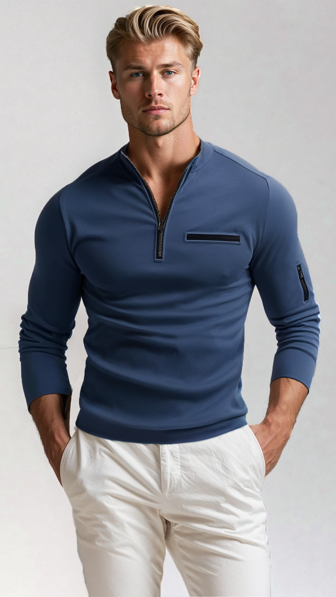Suéter para hombre con cremallera corta y detalles de bolsillo utilitario