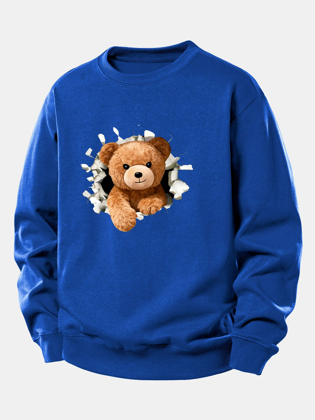 Sweatshirt til mænd med bamse, der bryder gennem en mur – afslappet pasform, bomuldsblanding, rund hals og legende grafik til afslappet streetwear