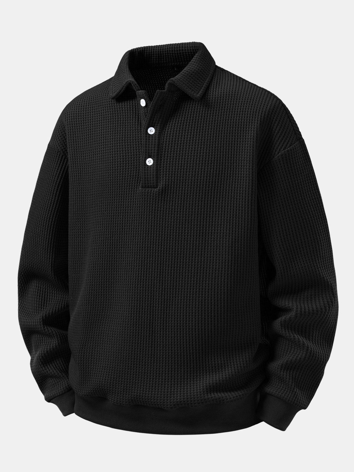 Men’s Waffle Textured Polo Sweatshirt with Button Collar – Relaxed Fit Long Sleeve Casual Pullover for Everyday Wear