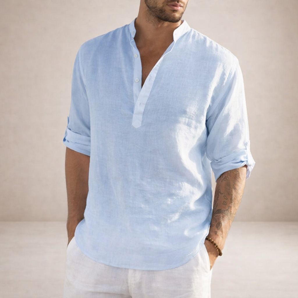 Camicia da uomo in lino con abbottonatura aperta, maniche arrotolate, vestibilità resort