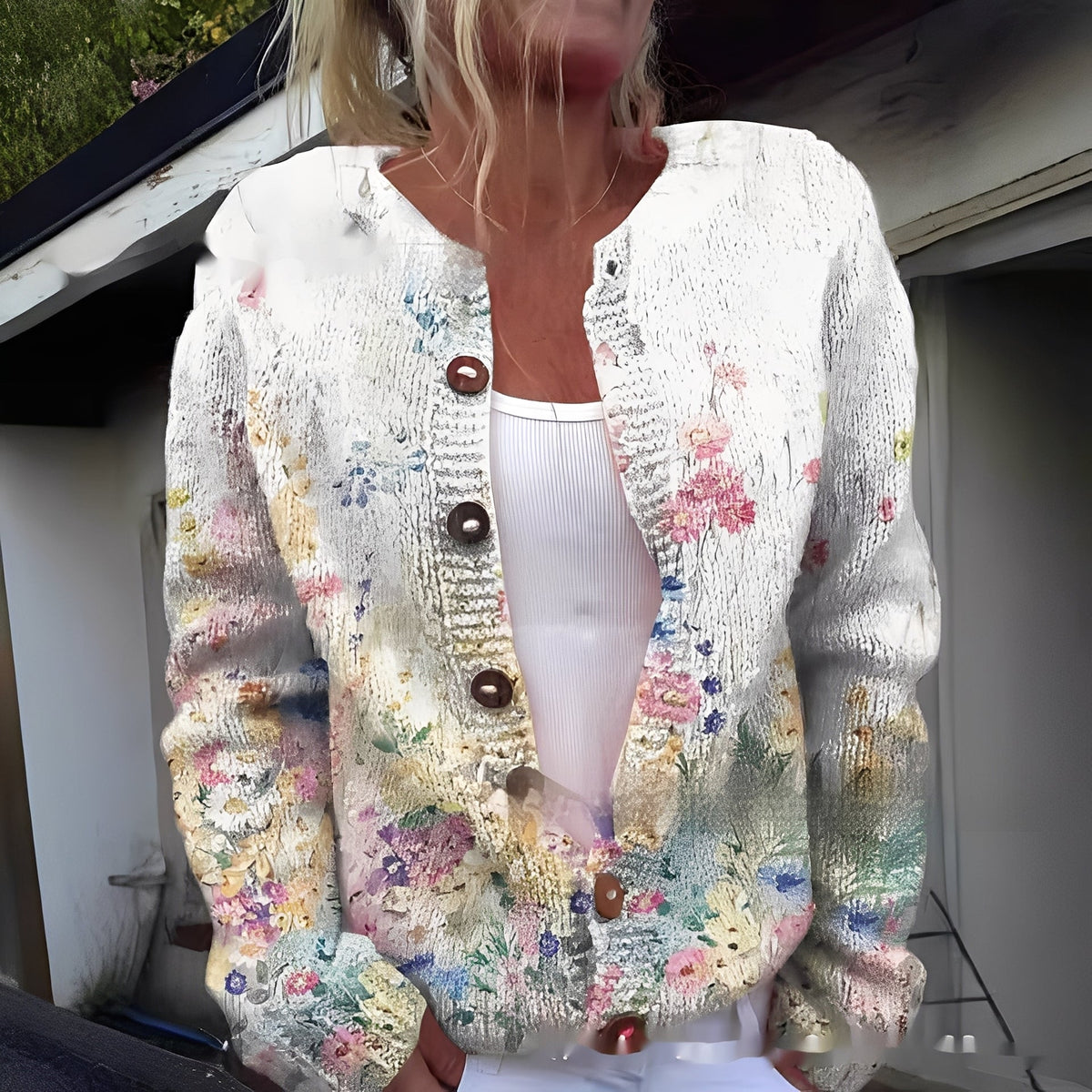 Damesvest met zachte textuur en print, knoopsluiting aan de voorkant - comfortabele, losvallende gebreide laag voor herfst en winter