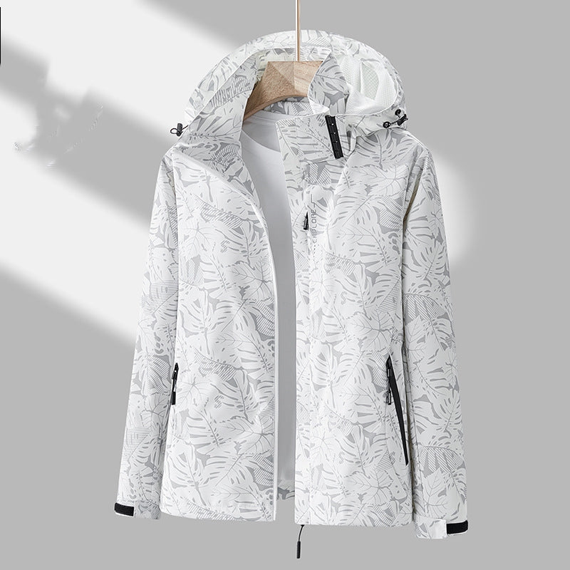 Women's Lightweight Hooded Outdoor Jacket with Printed Design and Adjustable Drawstring Hood – Relaxed Fit Zip-Up Wind Resistant Casual Outerwear with Practical Pockets for Spring and Autumn Walking and Travel