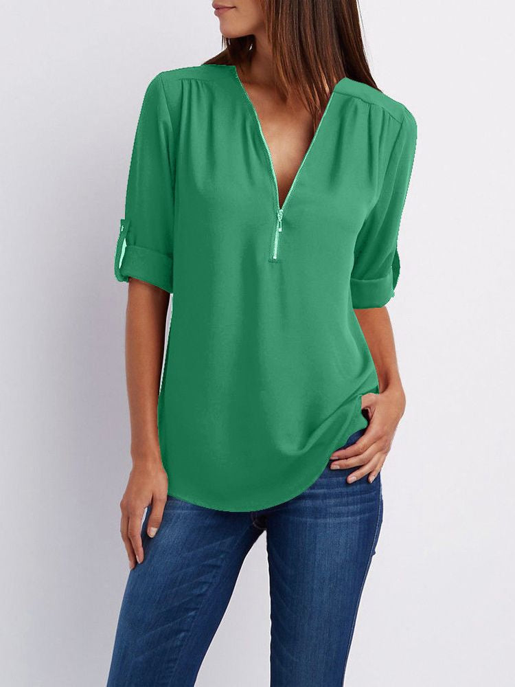 Women’s Zip-Neck Relaxed Blouse – Roll-Tab Sleeve Style for Everyday Wear